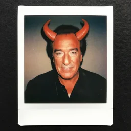 polaroid of danny devito, red colored skin, red horns