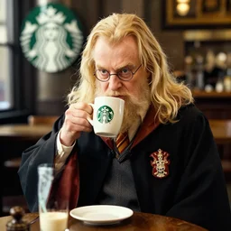 Dumbledore sips coffee at Starbucks