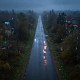 drone fottage of an old abandoned road lsd colors, playstation 5 screenshot, fine details, rain, rtx reflections, soviet suburbs, fog, night, photorealistic, unreal engine, octane render, volumetric light, featured on cg society, 4 k, 5 0 mm bokeh