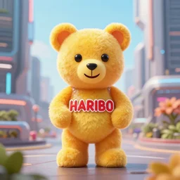 portrait of haribo bear in future city, color and shape focus, cnetral composition, natural light, bloom, puff, by simon stalen