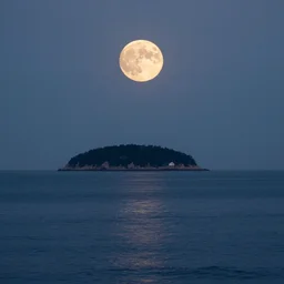 full moon over a still ocean with a floating island in the far distance