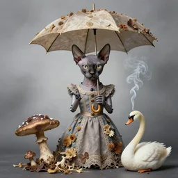 photographic portrait of sad max ernst hairless cat robotic dried melting floral fungus with spiraling cigarette smoke, wearing a dress, head of a cat, holding an umbrella and a swan, in fog, editorial