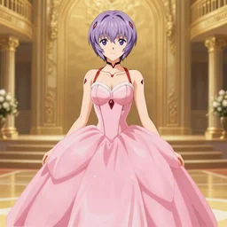 Rei Ayanami from Evangelion, wearing a pink ballroom gown, background of a golden ballroom, highly detailed, smooth, digital painting, promotional art, trending on pixiv