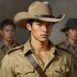 smart and handsome thai actor dressed as hunter in armed, close - up portrait, with 6 0 s khaki western hat, khaki safari hunter costume, intricate, elegant, loin cloth, highly detailed, oil painting, artstation, concept art, matte, sharp focus, illustration, hearthstone, art by earl norem and lixin yin and denys tsiperko and bogdan rezunenko,