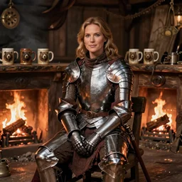 kate beckinsale weared in full plate armor, sit in fantasy tavern near fireplace, behind bar deck with bear mugs, medieval dnd, by Darren Tan