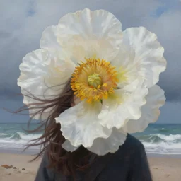 closeup, giant flower head, girl on beach, surreal photography, wind and cold, dramatic sky, impressionist painting, digital painting, artstation, simon stalenhag
