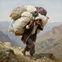 kurdish kolbar man walking up a mountain carrying lots of goods on his back, beautiful painting by henry justice ford, incredible detail, award winning art