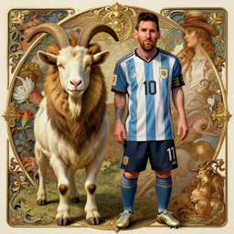 lionel messi standing beside a majestic goat, d & d, fantasy, intricate, elegant, highly detailed, digital painting, artstation, concept art, matte, sharp focus, illustration, art by artgerm and greg rutkowski and alphonse mucha