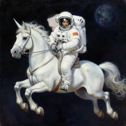An astronaut riding a unicorn in space, oil on canvas by Frank Frazetta, artstation, digital art, WLOP, Mandy Jurgens