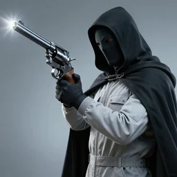masked villain with a dark cloak and a light grey jumpsuit holding a big iron revolver and turning his head at a 3 0 degree angle ( highly detailed, photo - realistic, hyperrealistic, flashing lights, greatly illustrated, uhd, 4 k render image )