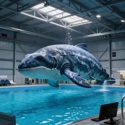 a giant unknown aquatic creature under water in a pool inside a hangar