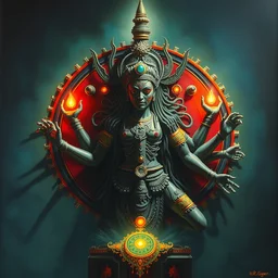 perfectly biomechanical kali yantra, volumetric shadows and lighting, psychedelic colors, realistic oil painting by h. r. giger,