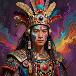 portrait of yang yang, hyper detailed ultra sharp aztec shaman warrior. trending on artstation, warpaint aesthetic, bloodwave, colorful, psychedelic, ornate, intricate, digital painting, concept art, smooth, sharp focus, illustration, art by artgerm and greg rutkowski and h. r. giger, 8 k