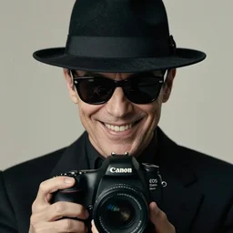film still, extreme long shot, of an enigmatic mysterious man, making a creepy smile, face unseen by wearing a luxury designer fedora and chopard sunglasses, expensive outfit, elegant, casual, intricate, symmetrical, rich moody colors, by annie leibovitz, canon eos 5 d mark iv camera