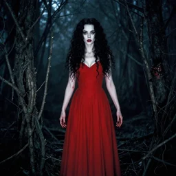 john totleben, full body, pretty alyson hannigan, evil dead demon, evil dead movie, red dress, symmetrical eyes, symmetrical face, long curly black hair, trees, forest, branches, cinematic lighting, evil dead creature, scary, blood