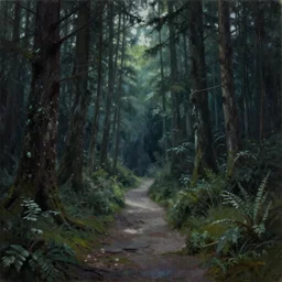 a painting depicting a single path leading to a mystical creepy dark forest full of wonders and magic, scary pines, magical atmosphere, trending on artstation, 30mm, by Noah Bradley