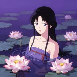 landscape, anime, traditional Japanese, beautiful portrait of a girl soaked in a lotus pond,by artgerm, digital art, purple color scheme