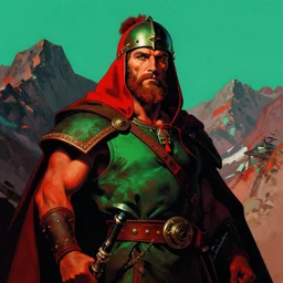 portrait of barbarian on mountain, coherent! by mariusz lewandowski, by frank frazetta, deep color, strong line, red green black teal, high contrast