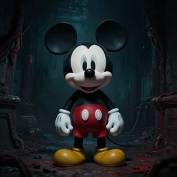 Mickey Mouse in creepy Backrooms, best on artstation, cgsociety, ,epic, stunning, gorgeous, masterpiece photograph, dark and foreboding mood, creepy, scary, dangerous