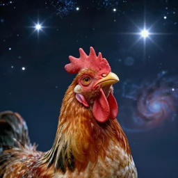 close - up portrait of a wondrous space chicken looking alien looking up towards the stars wondering about other intelligence, stars and bright nebula, chesley bonestell, lucien rudaux, rolf klep