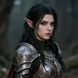 portraif of a beautiful female tiefling from dungeons and dragons wearing armor, black long hair, intricate details,