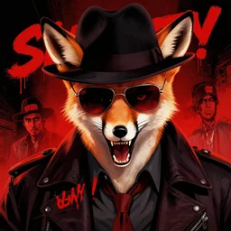 dream of a film still from sin city, closeup portrait of film noir angry fennec fox private detective wearing a hat and red sunglasses, detailed illustration, digital art, trending on artstation, frank miller, martin ansin, action movie poster, dripping paint, red on black, patrick nagel!, graffiti, gta v