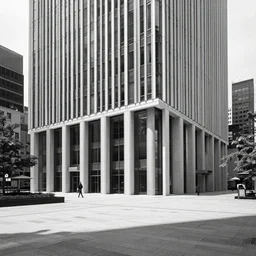 black and white street photography of an architecturally modern skyscraper plaza, light, scale, geometry, shadows and a human element