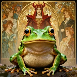 extremely detailed movie shot closeup portrait of a cute frog, in the court of the crimson king, by denis villenueve, arnold bocklin, jean delville, amano, alphonse mucha, max ernst, david lynch, dynamic composition, 4 k, details octane