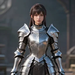 photorealistic 3 d cgi render of an anime girl dressed in steel plate armor, cinematic cutscene