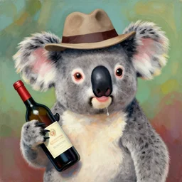 portrait of a koala artist with a hat and holding a wine bottle, drunk, award winning art, nft - style art, cartoon, detailed. by rossdraw and paul gauguin