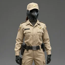 county sheriff female plague doctor, special operative, dons a desert sheriff uniform and a plague crow mask, long sleeves, turtleneck, trending on artstation