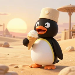 a wholesome cottagecore illustration of a happy cartoon penguin ordering ice cream in the Egyptian desert, Pingu, studio Ghibli, Pixar and Disney animation, sharp, Rendered in Redshift and Unreal Engine 5 by Greg Rutkowski, Bloom, dramatic lighting, sunrise