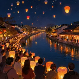 crowd watching paper-lanterns glowing in many colors, floating down a river at night. beautiful digital detailed landscape painting, matte painting trending on artstation