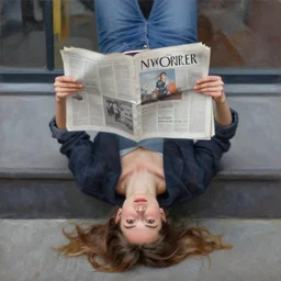 girl weighs upside down, street fashion, reads the newyorker newspaper, oil painting