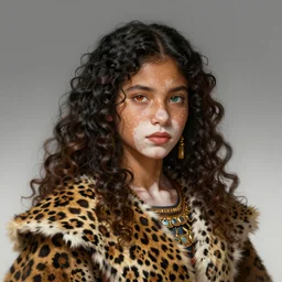 portrait of a beautiful young aztec girl with vitiligo, covered in jaguar fur cloths, different colored eyes, curly black and brown hairs, by greg rutkowski and alphonse mucha, d & d character, gradient white to silver, highly detailed portrait, digital painting, artstation, concept art, smooth, sharp focus ilustration, artstation hq