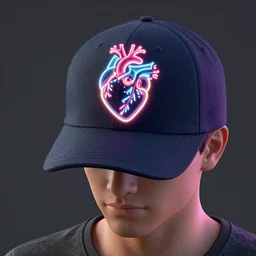 3 d render of a human with a baseball cap that has the drawing of a real human heart, neon