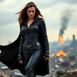 epic film still of beautiful katie mcgrath as a superheroine in the new marvel superhero movie, black cape, black leather costume, metal belt, silver trim, stiletto heeled boots, movie still 8 k, shallow depth of field, destroyed city in the background, promotional poster