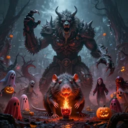 by par olofsson and wayne barlowe visually stunning, cinematic, ultra realistic, hyper realism, 1 2 k, epic, octane render, unreal engine, vfx, maya, life tap, doomguard, giant rat, imp master, timber wolf, felfire potion, the halloween tree, sad jack - o - lanterns, strawberry ghosts, nightmarish creatures, apocalyptic hellscapes