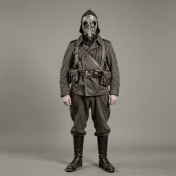 full body portrait of a man at distance wearing hooded beaked mask covering his entire face, ww1 film photo, grainy, high detail, high resolution