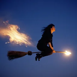 yoko ono flying on a broomstick, lighting in the skies, 4k