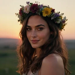 photo of the beauty gal gadot, she is posing while maintain a sweet eye contact to the camera, she has a crown of flowers, the photo was taken at sunset with a bokeh effect, photo by edward steichen, photorealistic, matte painting, hyper realistic, 4 k, 8 k, cinematic composition, hd, highly detailed, trending on artstation