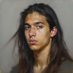 a young latino man, empty background, long hair, ultra detailed, close up, oil on canvas, dynamic, lighting, 4 k, illustration, modern, by kadir nelson, kehinde wiley, john william waterhouse
