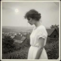 a double exposure of a beautiful side view portrait from above of a solemn young woman looking down, apparition, ghostly, white dress, motion blur, shaking head, with a landscape photo of a misty old village, muted tones, dappled moonlight, scratched photo, damaged edges, old, black and white damaged photo, 1 8 9 0 s