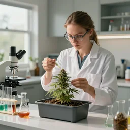environment portrait of sensible australian hobby female scientist ( glasses ) conducting cannabis science experiment in controlled environment in kitchen, luxury beakers and expensive equipment, makes medicine from a small cannabis garden in a rectangular pot, caustics, glassware, natural sunlight, cinematic, octane render 8 k trending on artstation