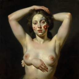 oil painting portrait dark background of a seductive wonderful symmetrical goddess no arms with a beautiful face with a strange disturbing face made of flowers and starnge texured surfaces by otto marseus van schriek, rachel ruysch, tom bashow, dutch age dramatic lighting chiaroscuromodern woman | hyperrealistic | action pose | digital painting | trending on artstation, pinup portrait,