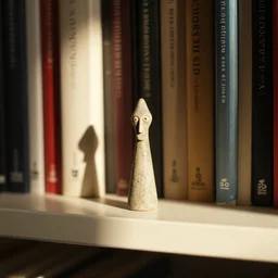a macro photo of a tiny surrealist sculpture by stanisław szukalski, on a bookshelf in the morning sunlight, sigma 8 5 mm f / 8
