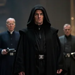 emperor palpatine, joe biden! in star wars as emperor palpatine movie still, cinematic lighting, wearing hooded black robe, unlimited power, ray tracing, octane render, long lens, shallow depth of field, bokeh, 8 k, hyper detailed, 3 5 mm film grain,