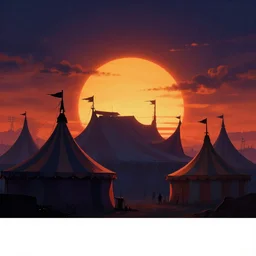 beautiful matte painting silhouette of dark colorfull evil circus tents and carnival, dramatic sunrise, Moebius, frank frazetta, james gurney, thomas kinkade, rodney mathews, beeple, trending on artstation