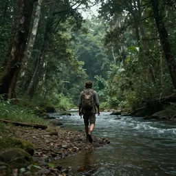 an adventurer walking along the river bank in a kerala forest, an epic fantasy, dramatic lighting, cinematic, extremely high detail, photorealistic, cinematic lighting, matte painting, artstation, by simon stalenhag, horizon forbidden west