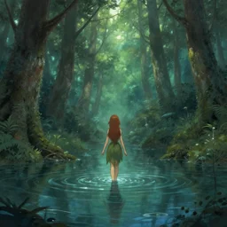 forest nymph rising from the water. view from behind, wide angle view, back view. nuri iyem, james gurney, james jean, greg rutkowski, anato finnstark. trending on artstation, and enchanted dreams